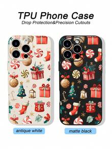 1PC Funda de teléfono TPU con diseño navideño lleno de elementos festivos como regalos, calcetines, bolas de adorno y dulces, estilo alegre y colorido, protección para lente, resistente a caídas, textura mate suave, ideal para amantes de la temporada navideña, personas que buscan un accesorio divertido y lleno de espíritu festivo, regalo especial, compatible con iPhone16/15/14/13/12/11/XS/XR/X/PLUS/PRO/PROMAX, compatible con Galaxy A21/A24/A25/A32/A34/A35/A54/A55, Galaxy S20/S21/S22/S23/S24 Ultra, agarre cómodo, regalo de temporada para amigos, novia, novio, familia - Negro - Ver 6