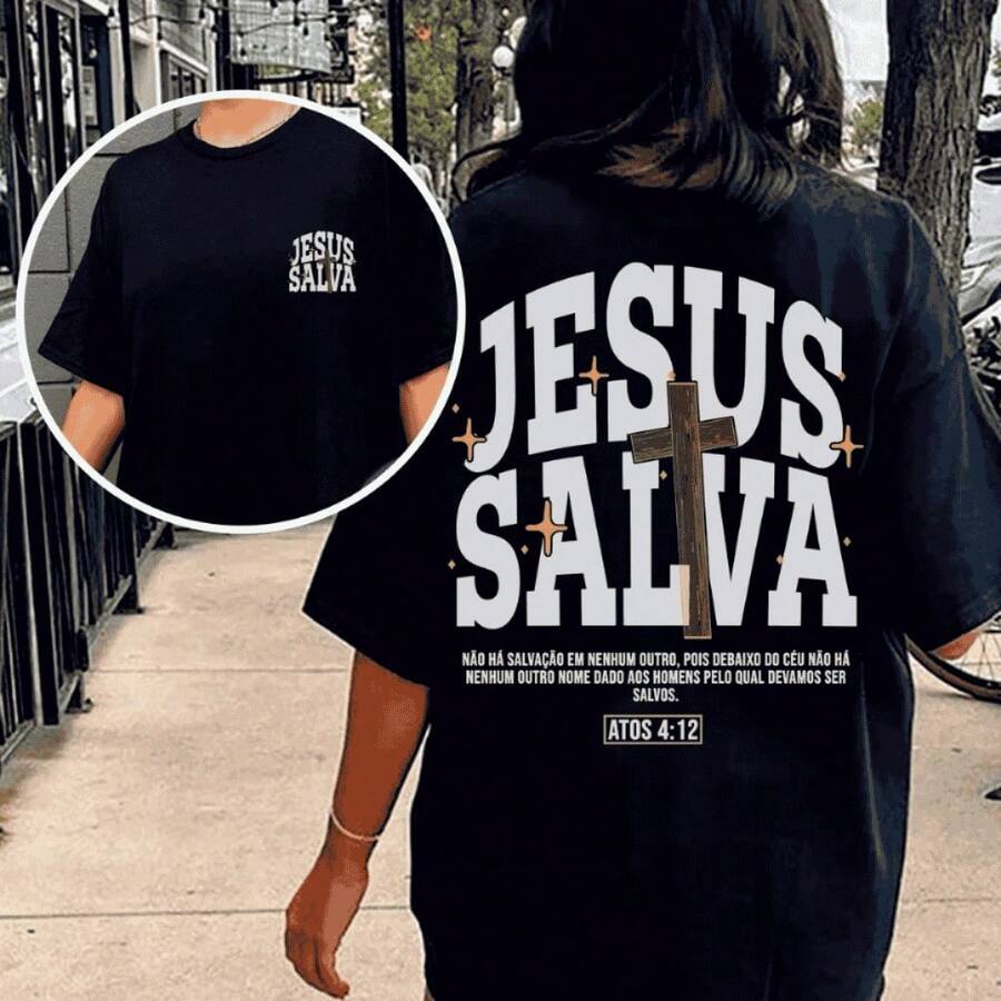 Basic Evangelical Streetwear T-Shirt, 100% Cotton, With "Jesus Saves" Print - Black - View 1