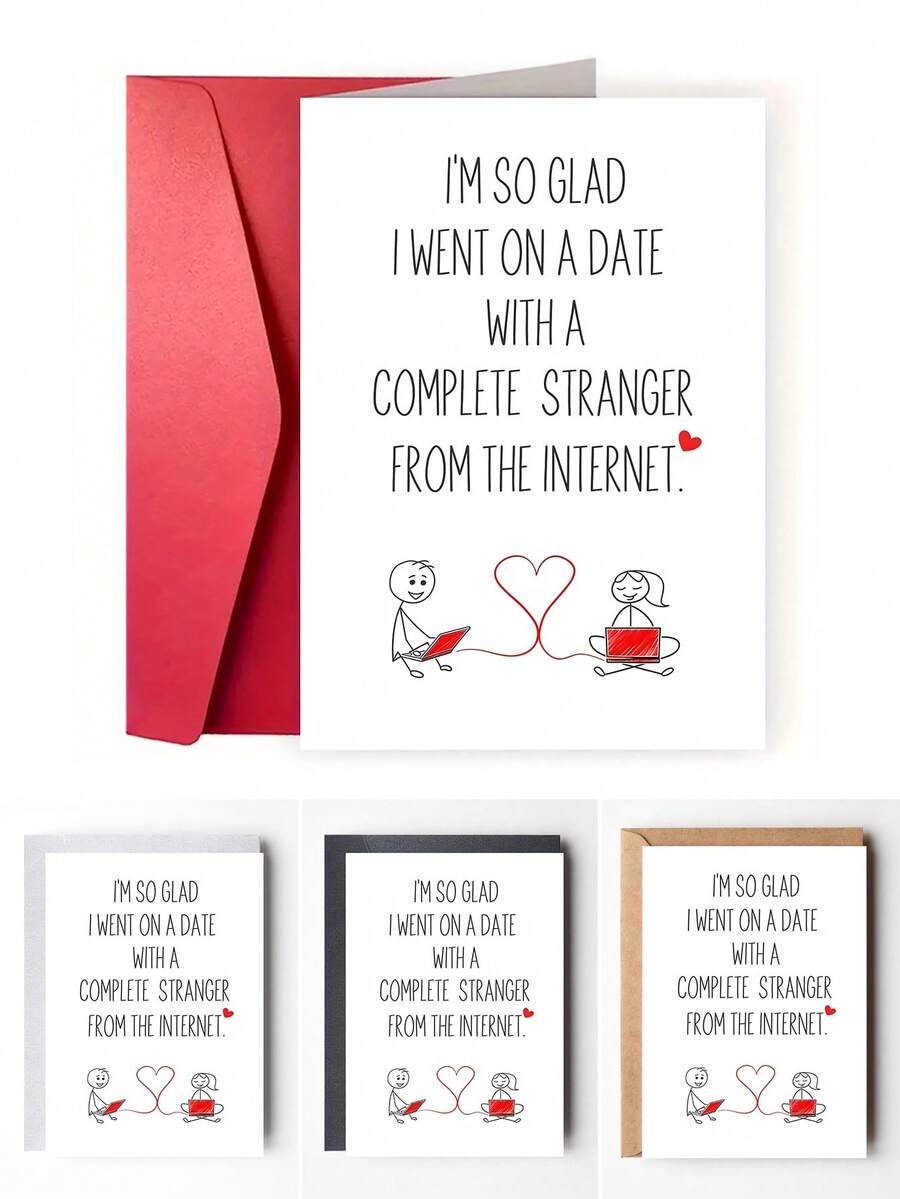 1张趣味网络约会周年纪念卡，浪漫情人节贺卡，情侣幽默礼物，以爱情和互联网为主题的庆祝卡 - 彩色 - 查看 1