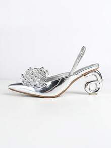 Women's High Heels. Pointed Toe Glossy Handmade Beaded Elastic Strap, Asymmetric Heel, Comfortable. Luxurious, Sparkling Rhinestones, Suitable For Parties, Gatherings, Balls, Shopping, Various Occasions And Holidays, Basic Silver High Heel Shoes - Silver - View 10