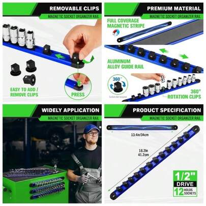 1/4 - Inch Magnetic Socket Organizer Rail, Aluminum Alloy Socket Rail, Heavy Duty Sockets Holder With 14 Clips, 360 Swivel Clip Tray, Sockets Organizer Box Drawer Red