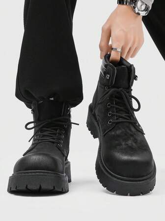 新款秋冬系带高帮厚底黑色加大码侧拉链工装靴摩托车靴男士，粗跟，适合万圣节、毕业典礼、户外活动、约会、通勤、派对等场合