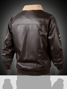 Men's Outdoor Solid Color PU Leather Jacket, Fleece-Lined Motorcycle Jacket, Suitable For Everyday Outdoor Activities. - màu nâu - Xem 3