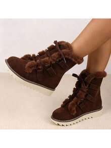 2025 Winter New Style Women's Snow Boots, Fashionable Lace-Up Flat-Soled Design, Soft And Comfortable, Plush And Thickened For Warmth, Non-Slip For Outdoor Use. Suitable For Cold Weather, Daily Wear And Formal Occasions - Comfortable And Warm Shoes - 棕色. - 查看 2