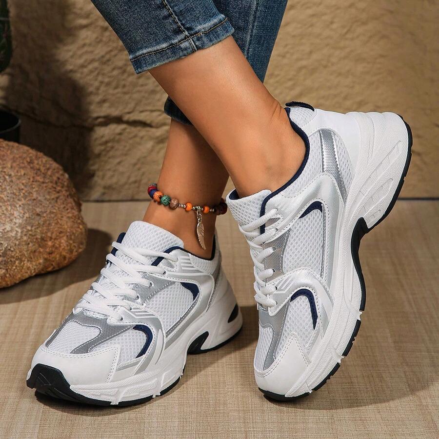 American Retro Contrast Color Running Shoes, Mesh Breathable, Thick Bottom Cushioning, Campus, Street, Daily Wear Template, Running Shoes To Grasp The Relaxation Feeling, 5cm High Casual Shoes - 藍白色 - 查看 1