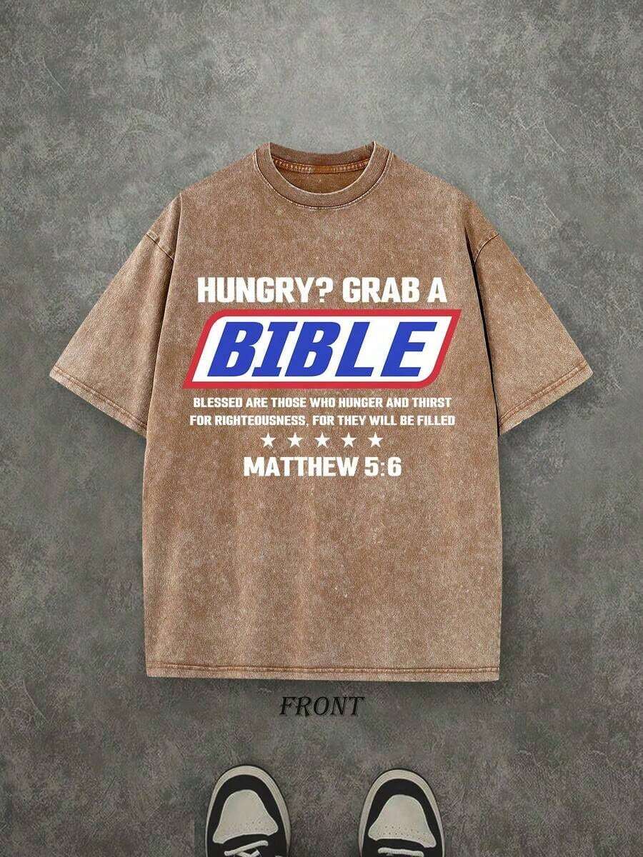 HUNGRY? GRAB A Unisex Washed Christian Shirt, Christian Scripture T-Shirt, Vintage Retro Washed Shirt Single-Sided Printed (230 Heavyweight Pure Cotton T-Shirt) High Quality Christian T-Shirt, Christian Gifts, Men's And Women's Shirts, Comfortable, Fashion Christian Shirt, Street Style Pure Cotton Fall Shirt - 棕色 - 查看 1