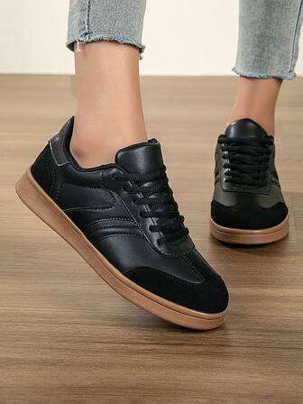 Women's Low-Top Lace-Up Casual Sneakers, Solid Color, Fashion , Versatile, Flat, Walking, Outdoor Travel Shoes