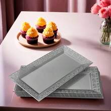 SILVER SPOONS - Bandejas de plástico de encaje elegantes 6 unidades bandejas de plástico desechables y platos para fiestas 14 x 7.5 pulgadas sirve aperitivos postres dulces perfectas para - plateado - Ver 4