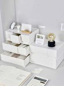 1pc Desktop Stationery & Cosmetic Storage Box, White Plastic Drawer Organizer, Modular Stackable Makeup Jewelry Box, Stationery Organizer - White - View 6