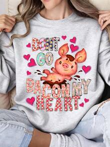 Dont Go Bacon My Heart Pig Love Valentine Day Sweatshirt Funny Cute Animal Print Pullover Top For Women Girls Casual Wear Gift Idea - Xám - Xem 1