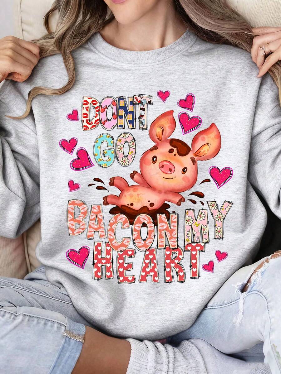 Dont Go Bacon My Heart Pig Love Valentine Day Sweatshirt Funny Cute Animal Print Pullover Top For Women Girls Casual Wear Gift Idea - Xám - Xem 1