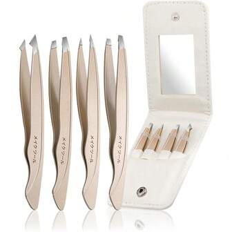 4件套香槟金眉镊套装，专业不锈钢眉镊，高精度无缝紧密夹持，男女通用，可精准拔除眉毛和内生毛发。