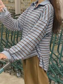 女士宽松休闲长袖条纹上衣 春季 - 藍色 - 查看 2