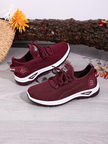 Women's Casual Athletic Shoes, Knitted Fashion Upper, Solid Color Casual Shoes, Simple And Versatile, Suitable For Sports, Fitness, Hiking, And Can Be Worn In 4 Seasons. Running Shoes, Everyday Walking Shoes, Minimalist Style, Multi-Functional Footwear, Refreshing And Fashionable Fabric, Flexible Sole, Low-Top Shoes, Casual Athletic Shoes, Outdoor , Fashionable Women. - Red - View 2