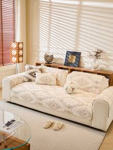 Funda de sofá de lujo y mullida - Gruesa, cálida, antideslizante, adecuada para la sala de estar, la oficina y la decoración del dormitorio - Lavable a máquina, se ajusta a sofás de 1 a 4 plazas - Beis - Ver 3