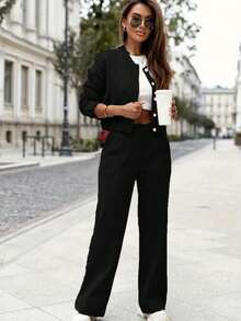 女士休闲优雅时尚纯色翻领纽扣外套及口袋长裤两件套，适合办公室、通勤和日常穿着，长袖黑色春季款 - 黑色 - 查看 4