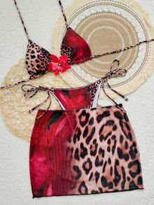 Bộ đồ đi biển nữ thanh lịch cổ yếm họa tiết hoa và da báo, có dây buộc hoa có thể tháo rời, thích hợp cho Giáng sinh, tiệc bãi biển, bộ bikini 3 mảnh mùa hè thoải mái dành cho nữ. - da báo - Xem 4