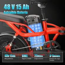 Bicicleta eléctrica plegable para adultos de 14 pulgadas: pico de 400 W, motor sin escobillas de alta velocidad, batería extraíble de 48 V 10 Ah, alcance de 45 KG, suspensión doble de dos asientos, 3 velocidades, neumáticos todoterreno, perfecto para caminatas, todoterreno, desplazamientos y regalos, estilo deportivo y componentes de alta calidad. - Rojo - Ver 4