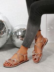 Giày sandal đế bằng, hở mũi, dây chun, kiểu dáng đơn giản, thoải mái, phù hợp với mùa hè dành cho nữ - Rượu sâm banh - Xem 5
