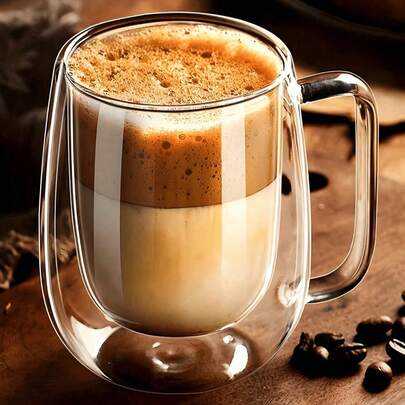1pc Glass Cup: Double-Layer, Lightweight, Luxurious, Transparent Double-Layer, With Portable Handle, Suitable For Cappuccino, Latte, Tea, Hot & Cold Beverages, Coffee, Etc., Transparent Glass Cup