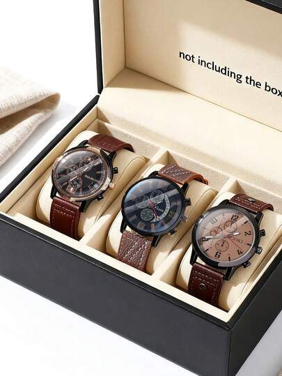 3件套石英表套装，三种款式，搭配多种款式的棕色皮表带，多功能计时表盘，商务休闲男士腕表，生日和周年纪念日男士礼品套装（不含礼盒）
