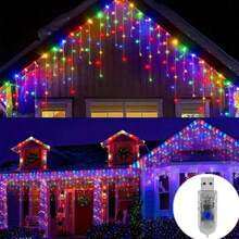 1pc 96 LED Lights/3.5m/11.48ft Icicle Lights - USB Powered, 8 Lighting Modes, Suitable For Indoor And Outdoor Use, Walls, Gardens, Parties And Outdoor Lighting, Creating Festive Atmosphere. Plastic Light Body, Outdoor Christmas Decoration - Multicolor - View 5