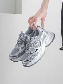 2025 New Women's Casual Sports Shoes, Thick Sole Mesh Breathable Chunky Sneakers, Silver, Fashion Versatile, All Season