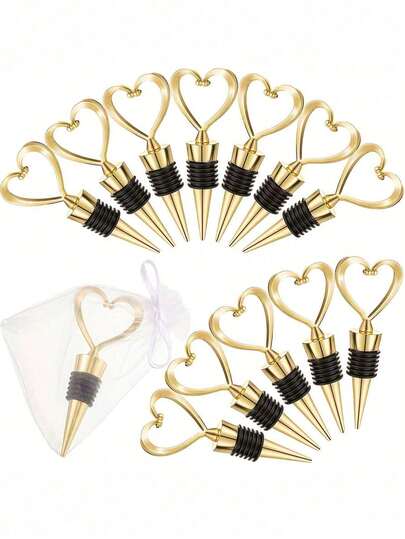 1 套（2 件） - （1 套 = 1 个心形酒瓶塞 + 1 个白色欧根纱袋）心形酒瓶塞，新娘送礼会回礼，塑料心形瓶塞配白色欧根纱袋，婚礼礼物，新年派对，情人节派对用品，周年纪念，适合节日派对，酒瓶装饰，家居装饰，情人节礼物，杯子配件，送给家人和朋友的礼物