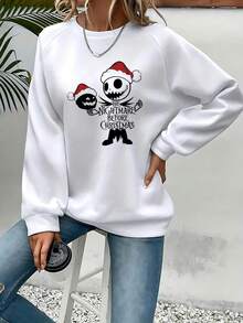 Nightmare Before Christmas Women's Sweatshirt -  & Sally Graphic Crewneck Pullover, Cozy Fall Winter Casual Sweater For Halloween & Christmas Fans, Machine Washable - 白色 - 查看 1