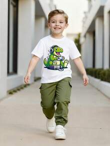 2件套幼儿男童夏季短袖T恤和工装裤套装，卡通恐龙印花，休闲舒适 - 橄欖綠 - 查看 2