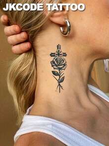 JKCODE TATTOO Finger Size Waterproof Mehndi Design Semi-Permanent Tattoos, Hands, Temporary Tattoos, Valentine's Tattoo, Rose Of The Cross, Waterproof, Realistic Fake Tattoos, Botanical, Face Tattoos, Magic Tattoos, Lasts 1-2 Weeks, Tattoos For Women - Blue - View 5