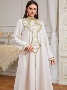 Solessence Women's New Ramadan Embroidered Round Neck Long Sleeve Dress, Suitable For Eid Al-Fitr, Eid Al-Adha, Party, Home, And Daily Wear - White - View 3
