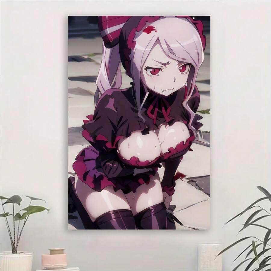 Framed [1pc Anime Art Print] 1pc Modern Anime Canvas Art Print, Overlord Shalltear Bloodfallen |    Poster, Bedroom Dorm Classroom Wall Decor | Featuring Mischievous Character With Pink Hair In Black And Red Attire - 框架 - 查看 1