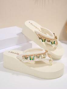 Papuci de primăvară/vară cu platformă boemă pentru vacanță în EVA, sandale pentru femei cu decor de lanț și coajă de plajă - Bej - Vizualizare 7