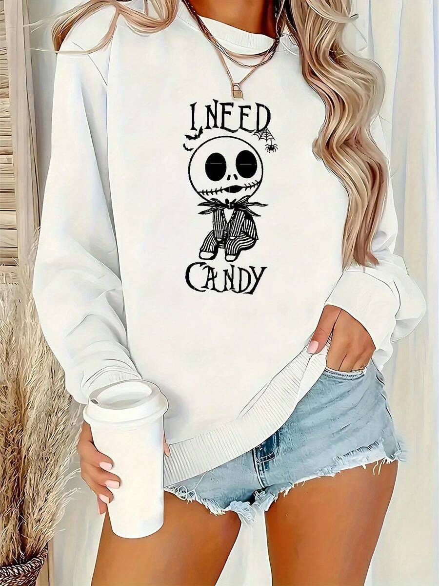 Nightmare Before Christmas Women's Sweatshirt - Tim -Inspired  & Sally Graphic, Cozy Fall Winter Pullover, Casual Crewneck Sweater For Fans, Long Sleeve Round Neck, Machine Washable, Officially Licensed, Perfect For Working, Shopping & Home Wear, Themed Outfit Accessory - 白色 - 查看 1