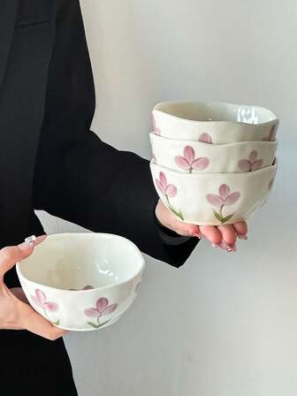 1 Stück/4 Stücke Keramikschüsseln, koreanischer Ins-Stil asymmetrische handbemalte Tulpen Keramikschüsseln, minimalistische süße Schüsseln mit großer Kapazität und Schleifendekor, geeignet für Abendessen Zuhause, Reisschüsseln, Salatschüsseln, Suppenschüsseln, Ramadan, Neujahr, Gästeempfang, Freunde