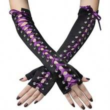 Lace Up Fingerless Gloves Long Elbow Gloves For Costume Party Laceup Arm Warmer - 如圖 - 查看 3