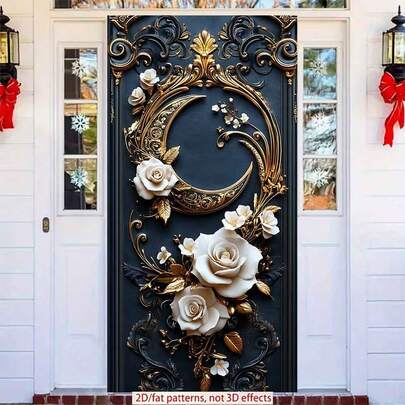 2D Polyester Ramadan Door Banner 1pc Exquisite Decor With Golden Crescent, White Roses And Ornate Patterns Eid Al-Fitr Photo Props And Supplies, Suitable For Muslim Ramadan And Eid Al-Adha Celebrations, Islamic-Themed Holiday Decorations