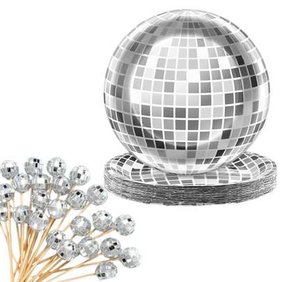 32pcs Disco Ball Cake Decorating Set - Disco Bamboo Skewers, Disco Ball Disposable Plates, Party Paper Plates, Suitable For Fruit And Cake Decorations, 4.7" Silver Mirror Ball Elegant Toothpicks, Wooden Cocktail Sticks, And Multipurpose, Perfect For 70s Celebrations, Birthdays And Retro Events