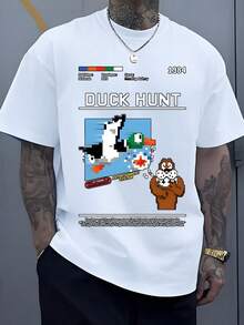 Representación nostálgica del clásico videojuego donde un perro sonriente y un pato pixelado evocan la emoción de los primeros retos digitales símbolo de diversión retro y espíritu competitivo camisetas de hombre 100% algodón con estilo urbano y cómodo para amantes de lo vintage - Weiss - Übersicht 8