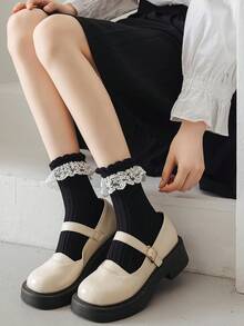 1/2/3/4/5 双女士米色网眼蕾丝荷叶边中筒袜，可爱时尚，适合所有季节 - 黑色 - 查看 5