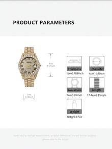 1pc Men's Gold Steel Band Fashion Rhinestone Hip Hop Style Casual Quartz Wrist Watch, Suitable For European And American Youth And Students - one-size - View 7