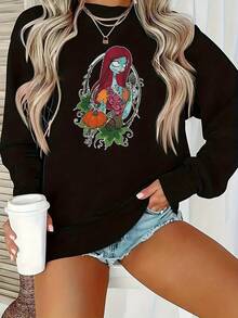 Women's Nightmare Before Christmas Gothic Sweatshirt - Tim -Inspired Sally &  Graphic, Cozy Fall Winter Pullover, Casual Crewneck Sweater For Fans, Long Sleeve Round Neck Pullover With Vibrant Cartoon Print, Machine Washable, Perfect For Home, Work & Shopping, Soft & Comfortable Fabric, Ideal For Autumn & Winter Wear - màu đen - Xem 1