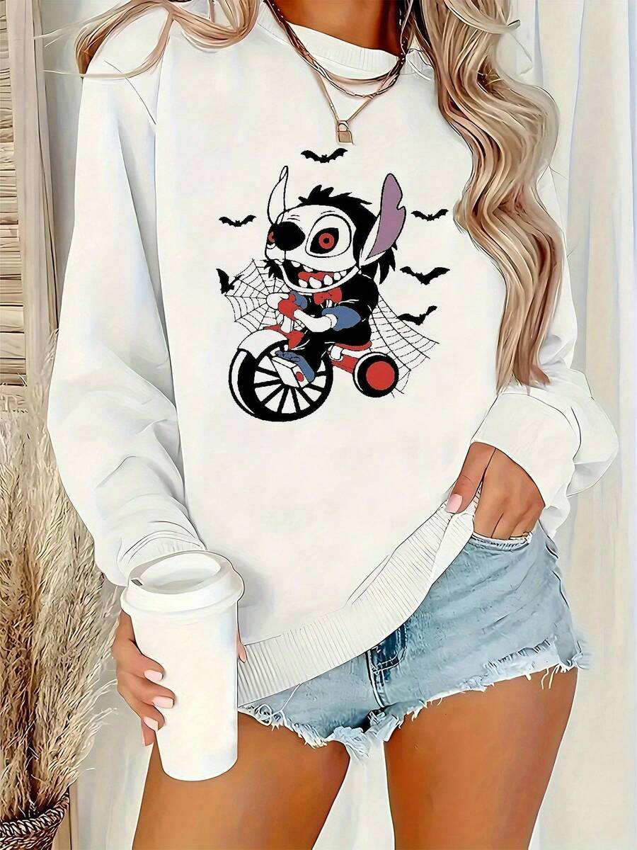 Nightmare Before Christmas Women's Sweatshirt - Tim -Inspired Gothic  & Sally Design, Cozy Long Sleeve Round Neck Pullover For Fall/Winter, Casual Sweater For Fans, Machine Washable, Playful Nightmare Before Christmas Theme With Iconic Characters, Soft Comfortable Fabric For Casual Attire, Perfect For Shopping, Exercising, Or Lounging At Home - trắng - Xem 1