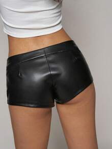 Women's PU Leather Stylish Black High-Waisted Pleated Shorts, High-Elasticity Shorts, Suitable For Nightclub Summer Wear. - Black - View 2