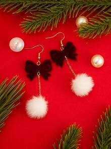 一对蝴蝶结、毛绒球和流苏耳环，适合女性日常佩戴，圣诞礼物 - 款式5 - 查看 5