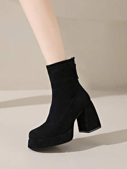 女性用ラウンドトゥプラットフォームアンクルブーツ、多用途厚底ファッションチャンキーヒールショートブーツ バックジッパー付き、秋冬
