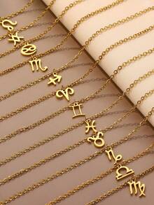 1pc Fashionable Stainless Steel 18K Gold Plated Zodiac Sign Alphabet Pendant Necklace, Suitable For Women's Party And Daily Wear, Christmas Gift - Yellow Gold - View 8