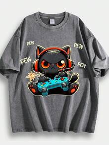 230g Vintage Washed Round Neck Men's Short-Sleeved Shirt, Cartoon Black Cat Pattern Printing Focusing On Playing Games, Running T-Shirt, Street Short-Sleeved Shirt, Retro Gym Sportswear, Men's T-Shirt. - Xám - Xem 1