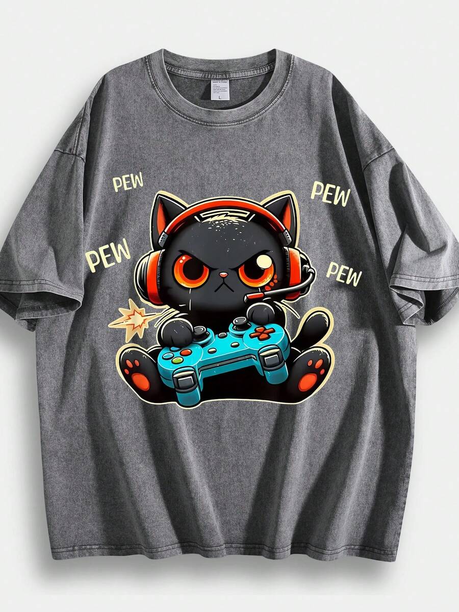 230g Vintage Washed Round Neck Men's Short-Sleeved Shirt, Cartoon Black Cat Pattern Printing Focusing On Playing Games, Running T-Shirt, Street Short-Sleeved Shirt, Retro Gym Sportswear, Men's T-Shirt. - Xám - Xem 1
